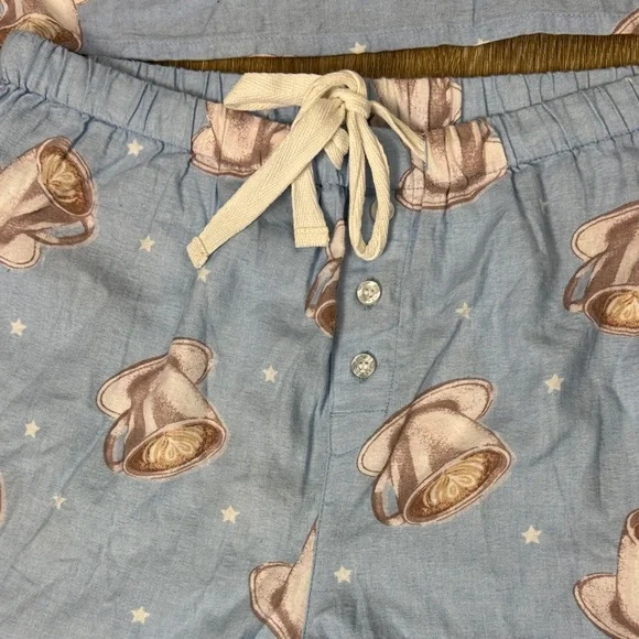 PJ Salvage Flannel Pajama Set Coffee Women Sky Blue Top & Pants size small - Picture 7 of 9